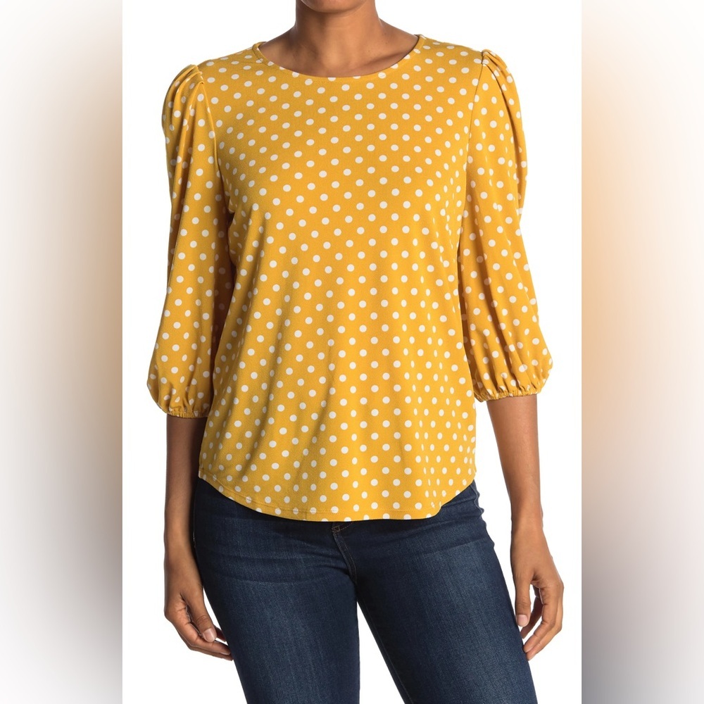 Adrianna Papell Mustard Yellow Polka Dot Blouse Medium Puff Sleeve Keyhole Back